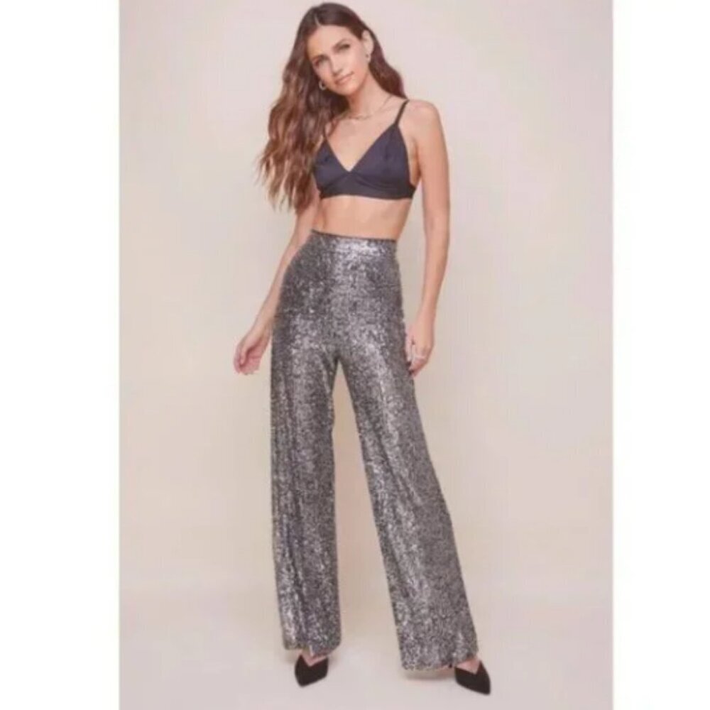 ASTR The Label Selma Silver Black Metallic Sequin High Waist Wide Leg Pants XS